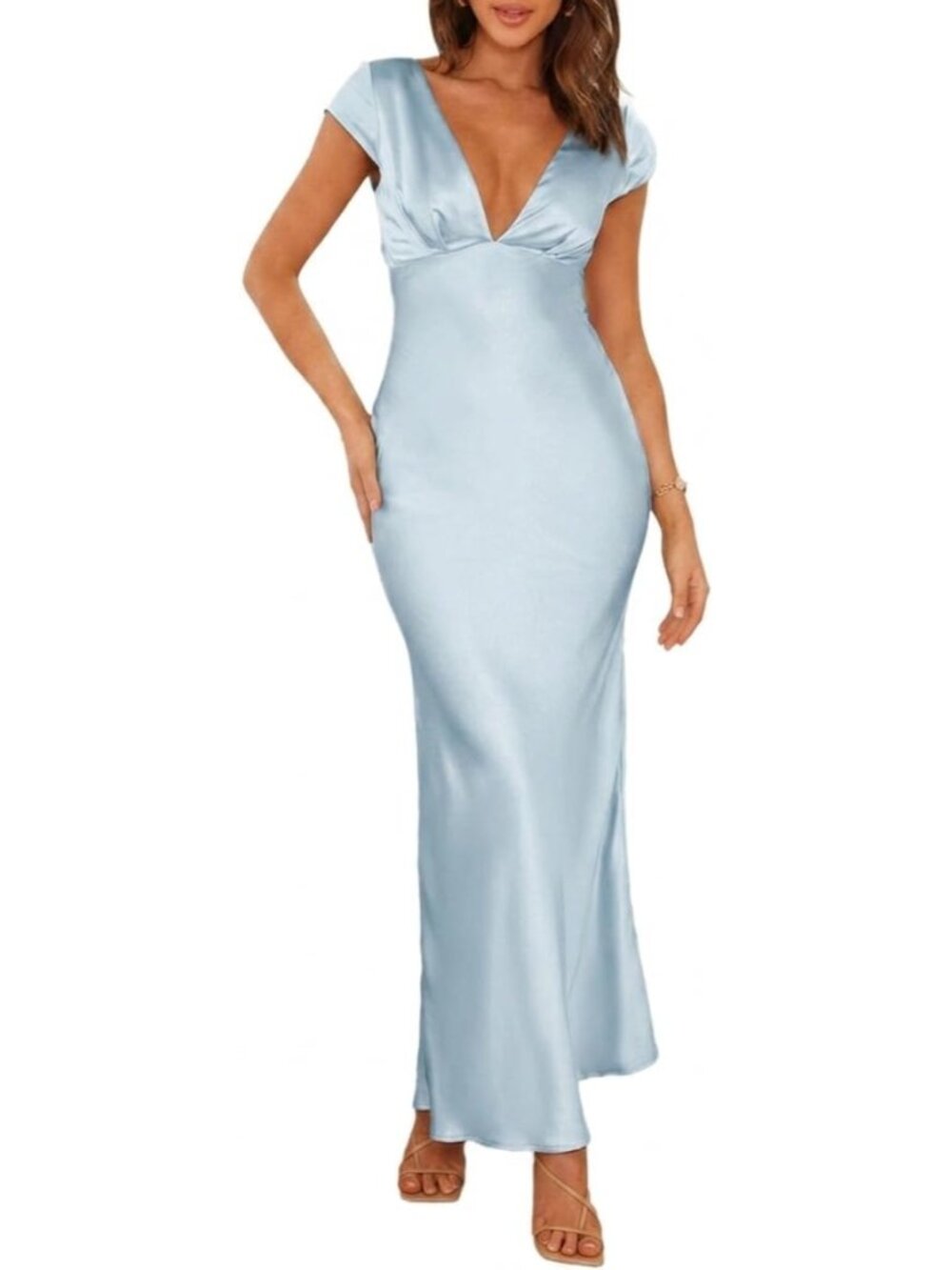 Women's Blue Summer Satin V Neck Cap Sleeve Backless Wedding Guest Midi Dresses